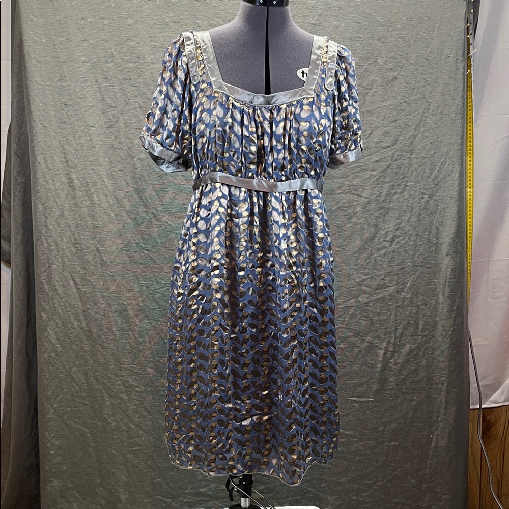 Blue‎ Gray Puff Sleeve Scoop Neck silk Midi Dress